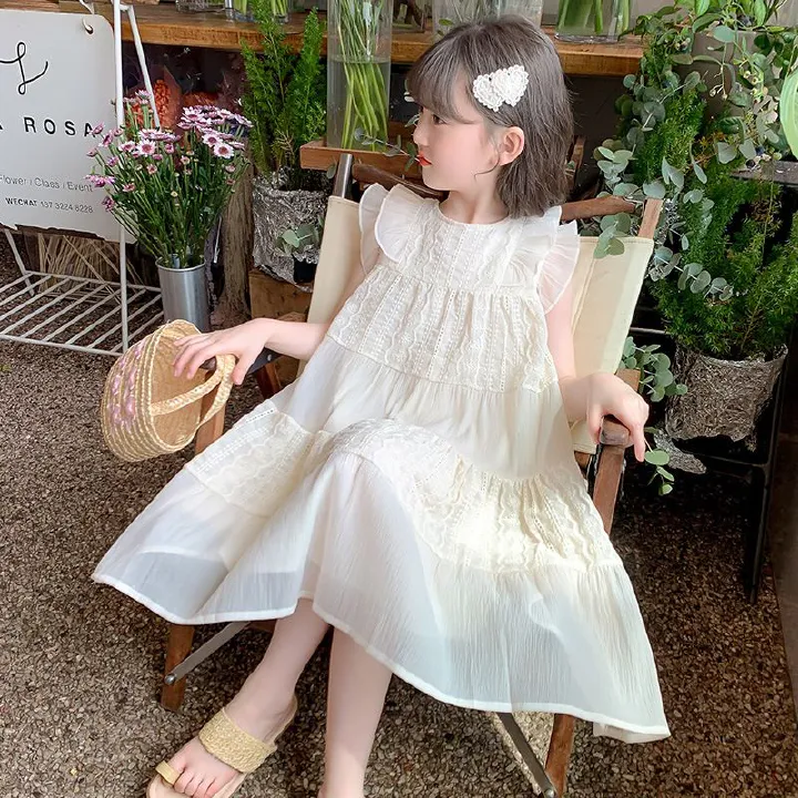 New girls' dress,summer 2024 popular children's princess dress,sleeveless high-end western-style long dress,solid color round neck flying sleeve fairy dress,soft and comfortable, casual and versatile