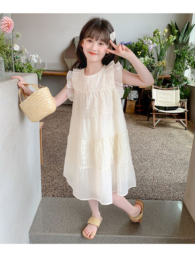 New girls' dress,summer 2024 popular children's princess dress,sleeveless high-end western-style long dress,solid color round neck flying sleeve fairy dress,soft and comfortable, casual and versatile