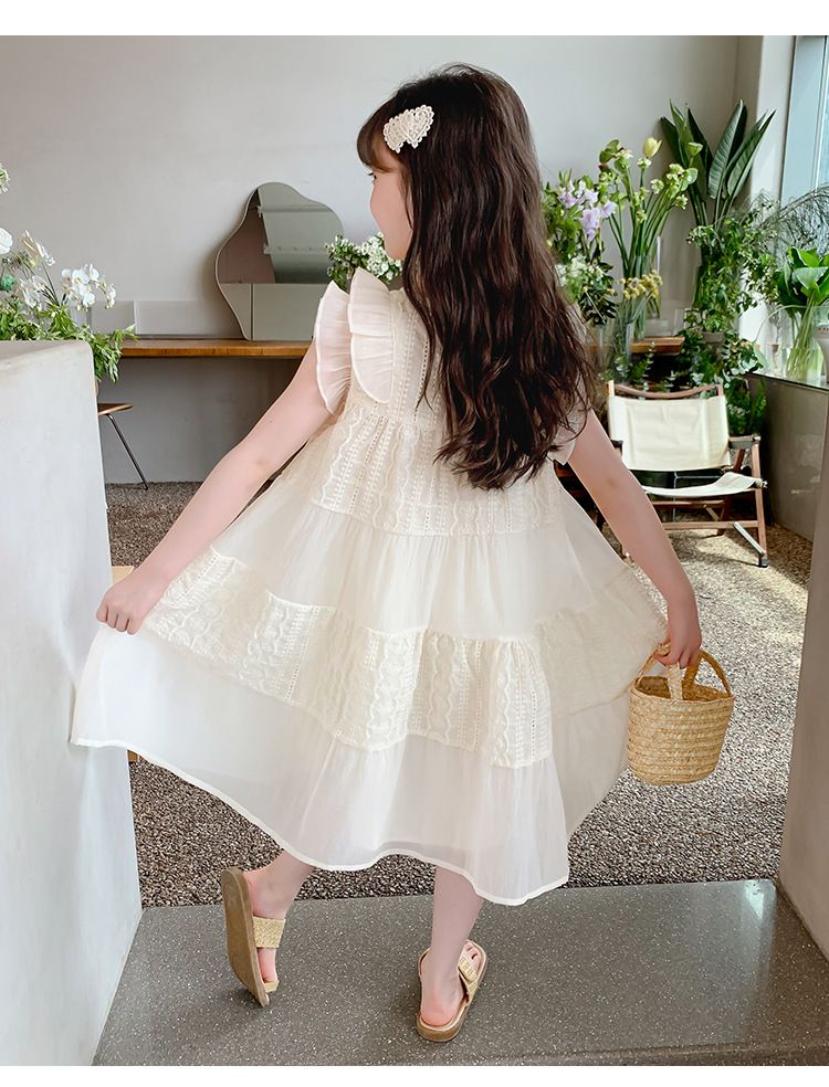 New girls' dress,summer 2024 popular children's princess dress,sleeveless high-end western-style long dress,solid color round neck flying sleeve fairy dress,soft and comfortable, casual and versatile