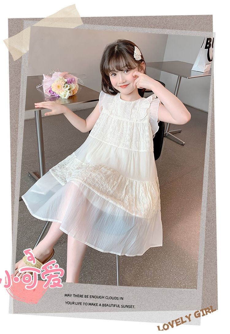 New girls' dress,summer 2024 popular children's princess dress,sleeveless high-end western-style long dress,solid color round neck flying sleeve fairy dress,soft and comfortable, casual and versatile