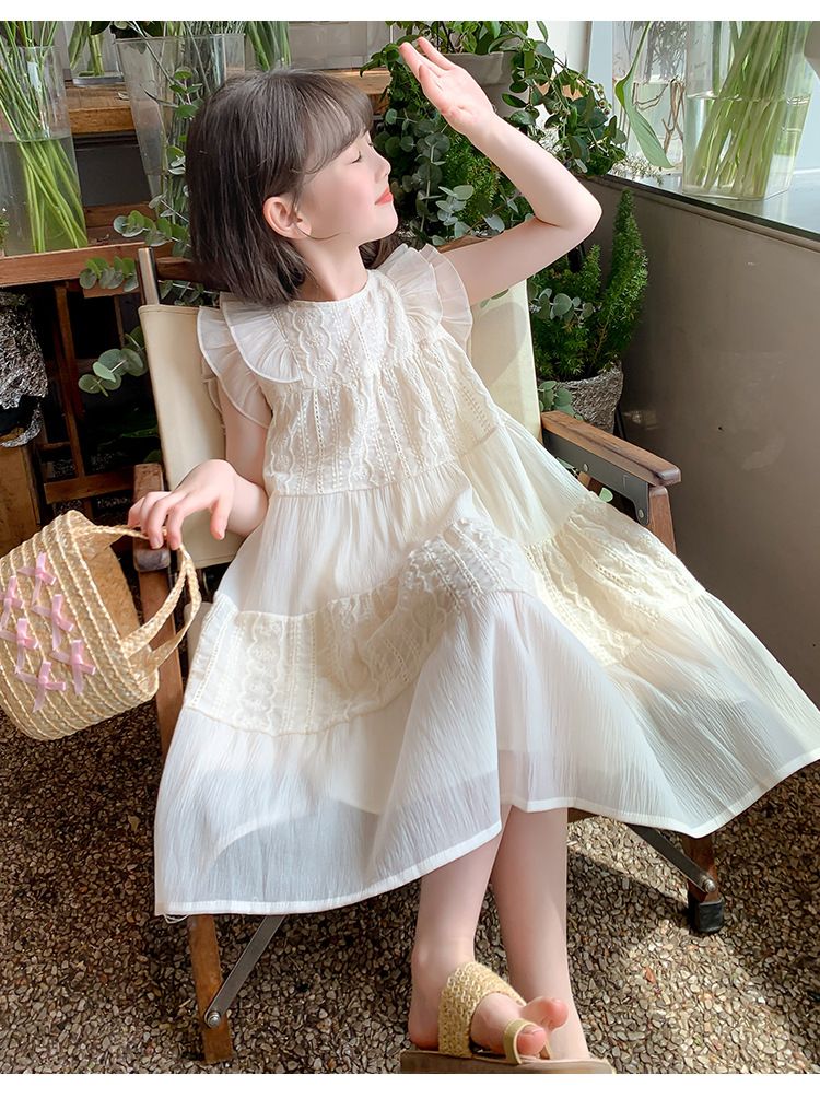 New girls' dress,summer 2024 popular children's princess dress,sleeveless high-end western-style long dress,solid color round neck flying sleeve fairy dress,soft and comfortable, casual and versatile