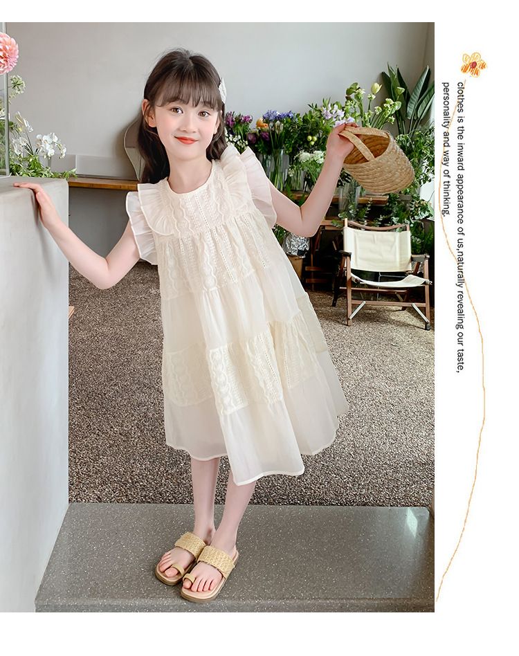 New girls' dress,summer 2024 popular children's princess dress,sleeveless high-end western-style long dress,solid color round neck flying sleeve fairy dress,soft and comfortable, casual and versatile