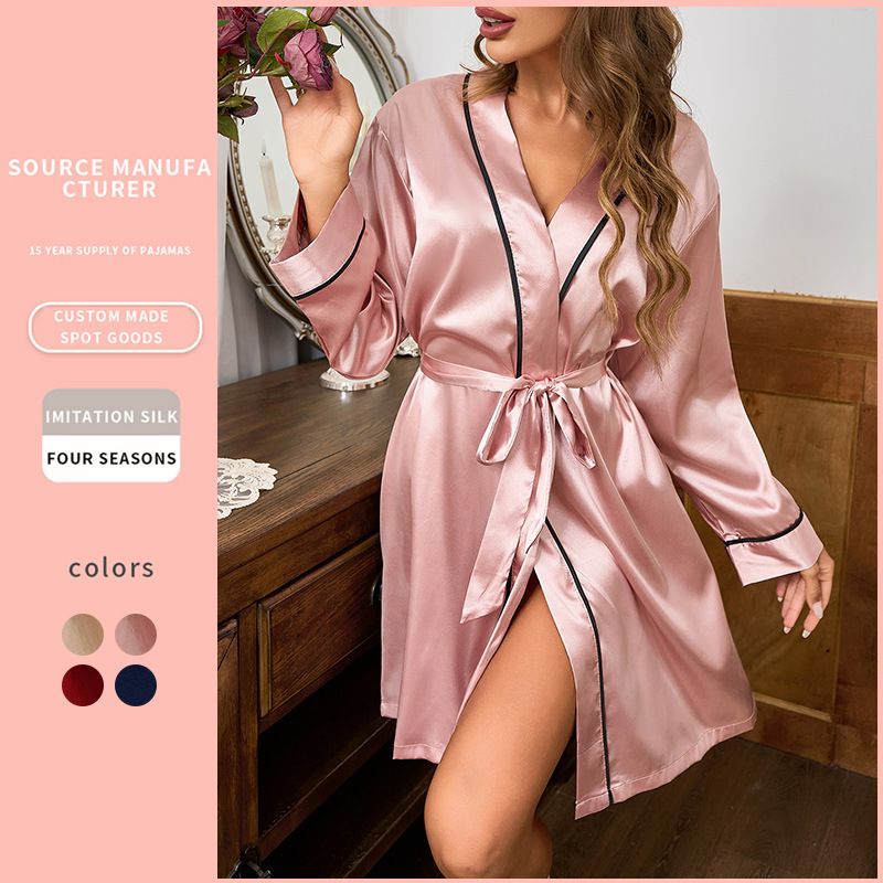New slim fitting women's sleepwear with ice silk long sleeves,casual and fashionable lace up bathrobe,imitation silk nightgown for home wear,solid color V-neck waisted long skirt sleepwear,fashionable