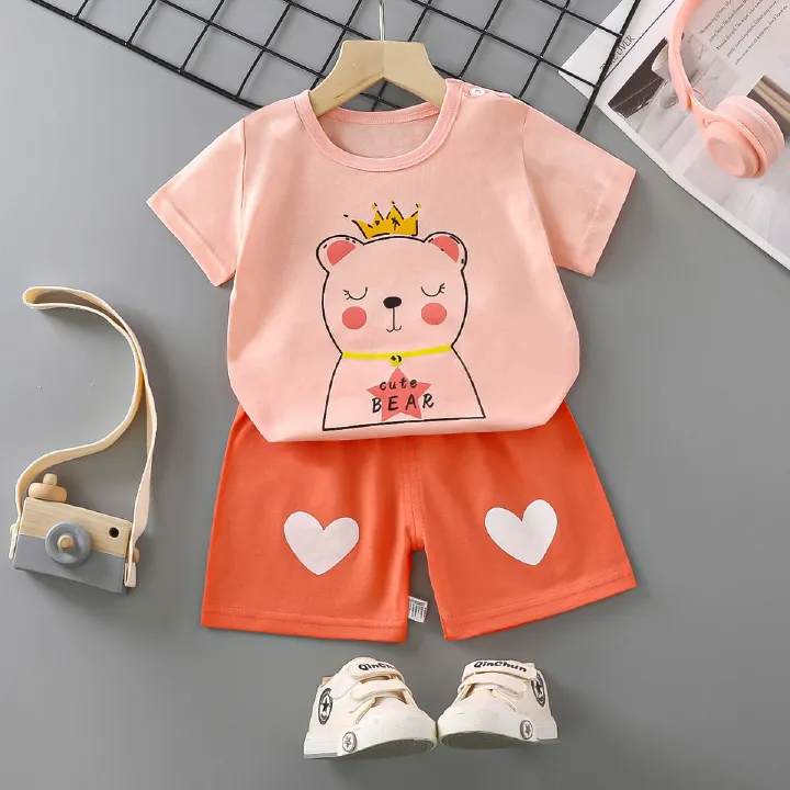 New children's short sleeve suit, pure cotton boys' T-shirt, summer boys' and girls' shorts, baby's summer clothes, round neck short sleeve shirt, elastic waist shorts, soft skin friendly breathable