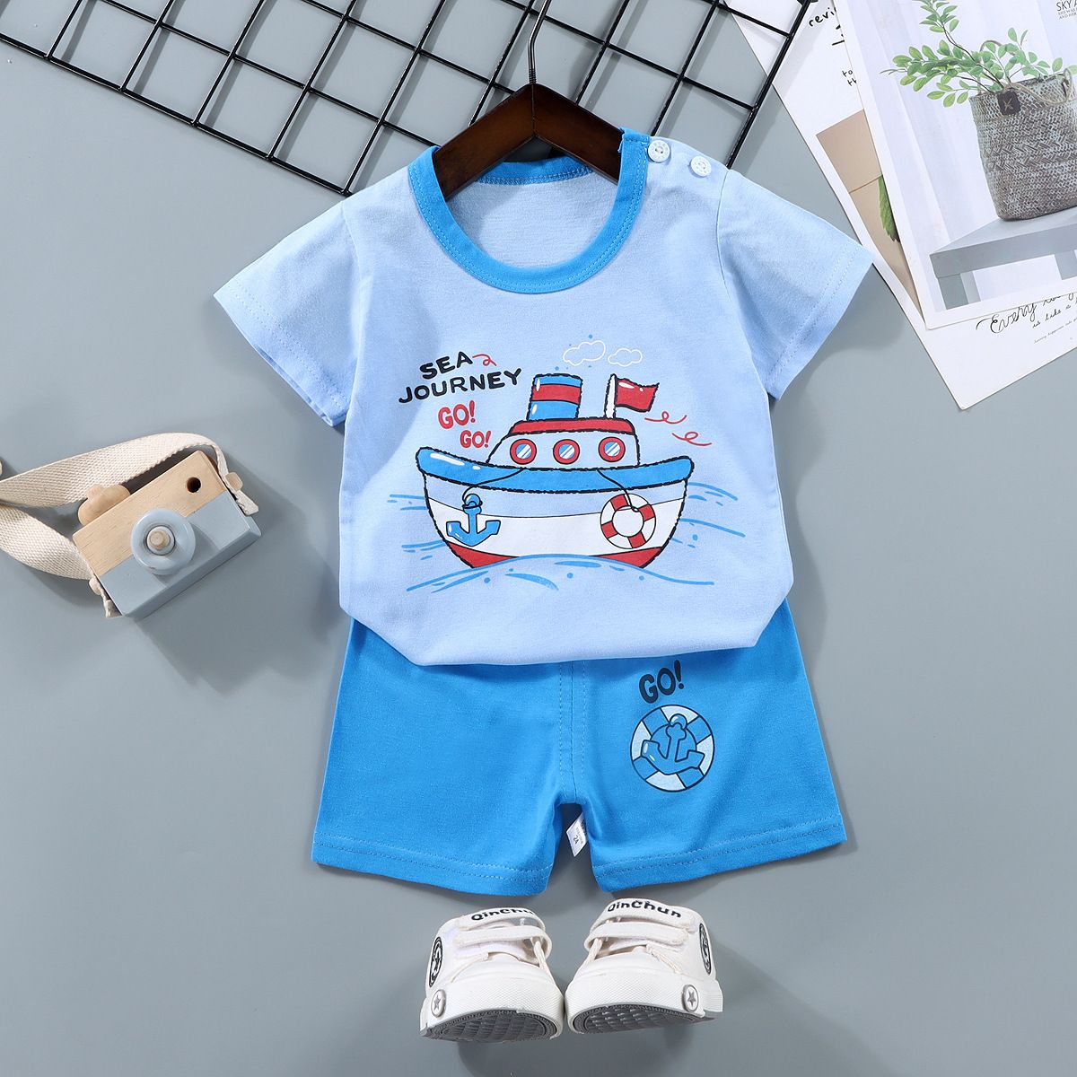 New children's short sleeve suit, pure cotton boys' T-shirt, summer boys' and girls' shorts, baby's summer clothes, round neck short sleeve shirt, elastic waist shorts, soft skin friendly breathable