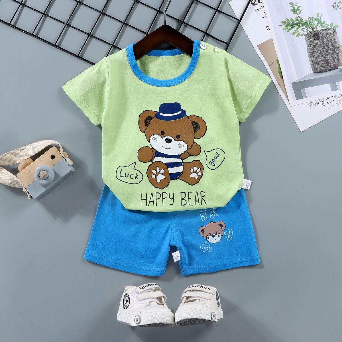 New children's short sleeve suit, pure cotton boys' T-shirt, summer boys' and girls' shorts, baby's summer clothes, round neck short sleeve shirt, elastic waist shorts, soft skin friendly breathable