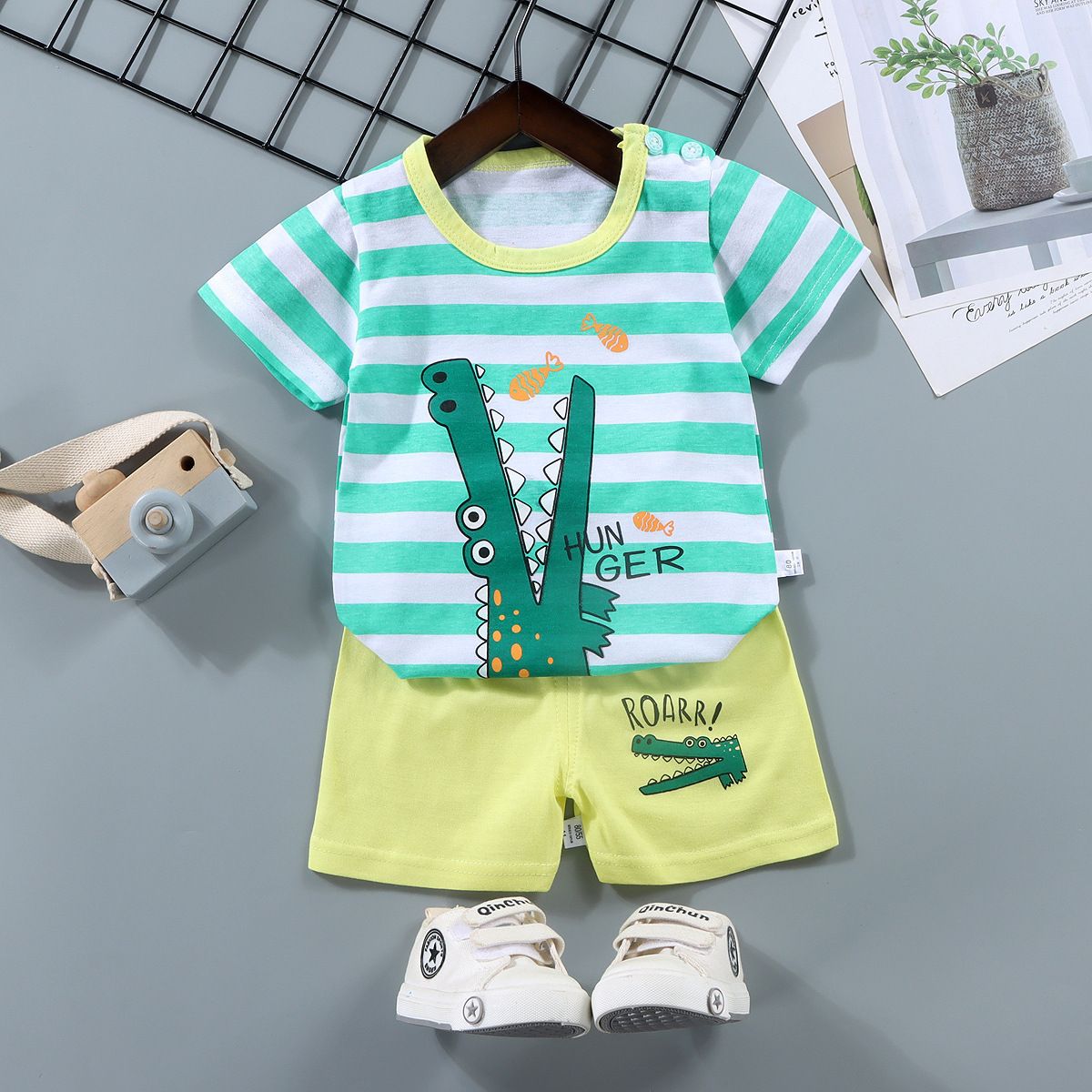 New children's short sleeve suit, pure cotton boys' T-shirt, summer boys' and girls' shorts, baby's summer clothes, round neck short sleeve shirt, elastic waist shorts, soft skin friendly breathable