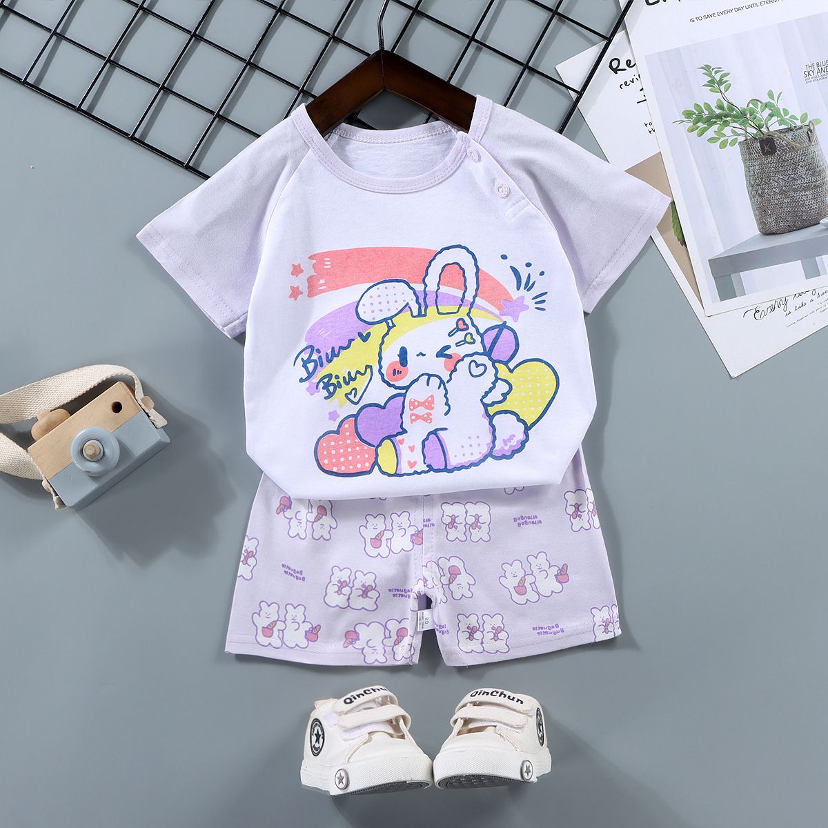 New children's short sleeve suit, pure cotton boys' T-shirt, summer boys' and girls' shorts, baby's summer clothes, round neck short sleeve shirt, elastic waist shorts, soft skin friendly breathable