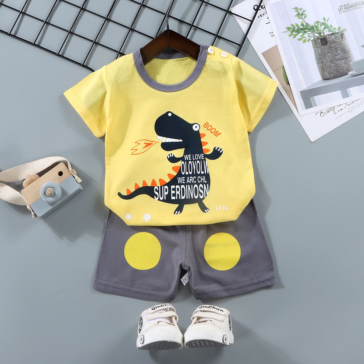 New children's short sleeve suit, pure cotton boys' T-shirt, summer boys' and girls' shorts, baby's summer clothes, round neck short sleeve shirt, elastic waist shorts, soft skin friendly breathable