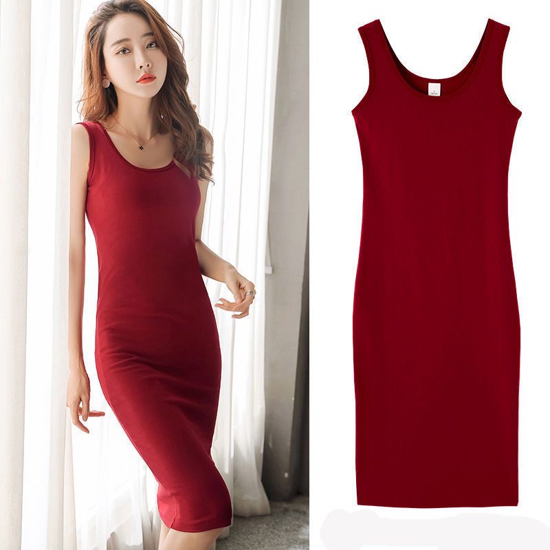New vest base dress, long camisole skirt, plus size women's fat mm long dress, popular student base dress,fashionable solid color,slim fit and versatile,soft, comfortable and breathable summer casual