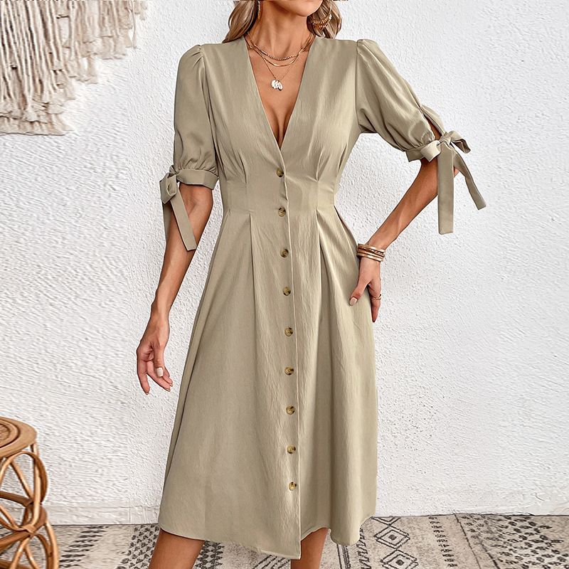 New European and American dress, button up short sleeved dress, slimming V-neck dress, short sleeved bow A-line skirt for women, solid color versatile, simple and atmospheric, slim fitting and stylish