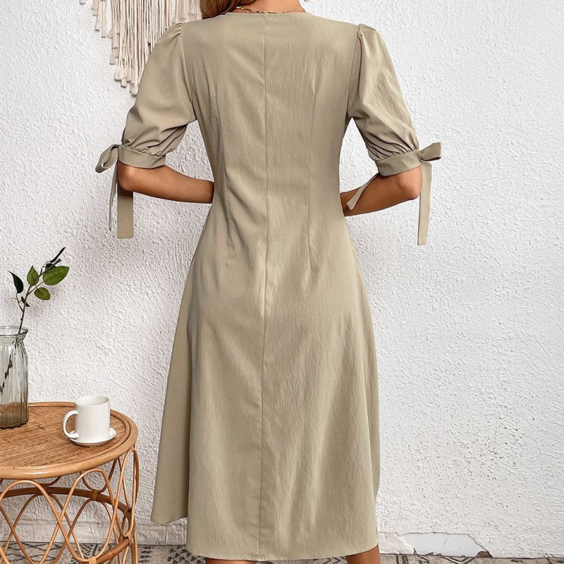 New European and American dress, button up short sleeved dress, slimming V-neck dress, short sleeved bow A-line skirt for women, solid color versatile, simple and atmospheric, slim fitting and stylish
