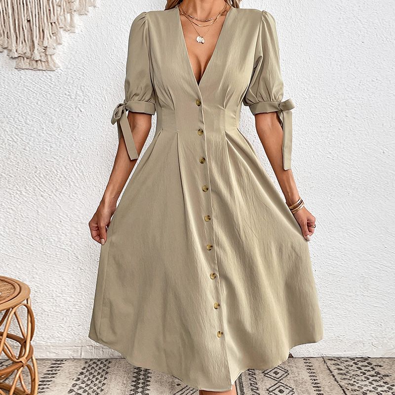 New European and American dress, button up short sleeved dress, slimming V-neck dress, short sleeved bow A-line skirt for women, solid color versatile, simple and atmospheric, slim fitting and stylish