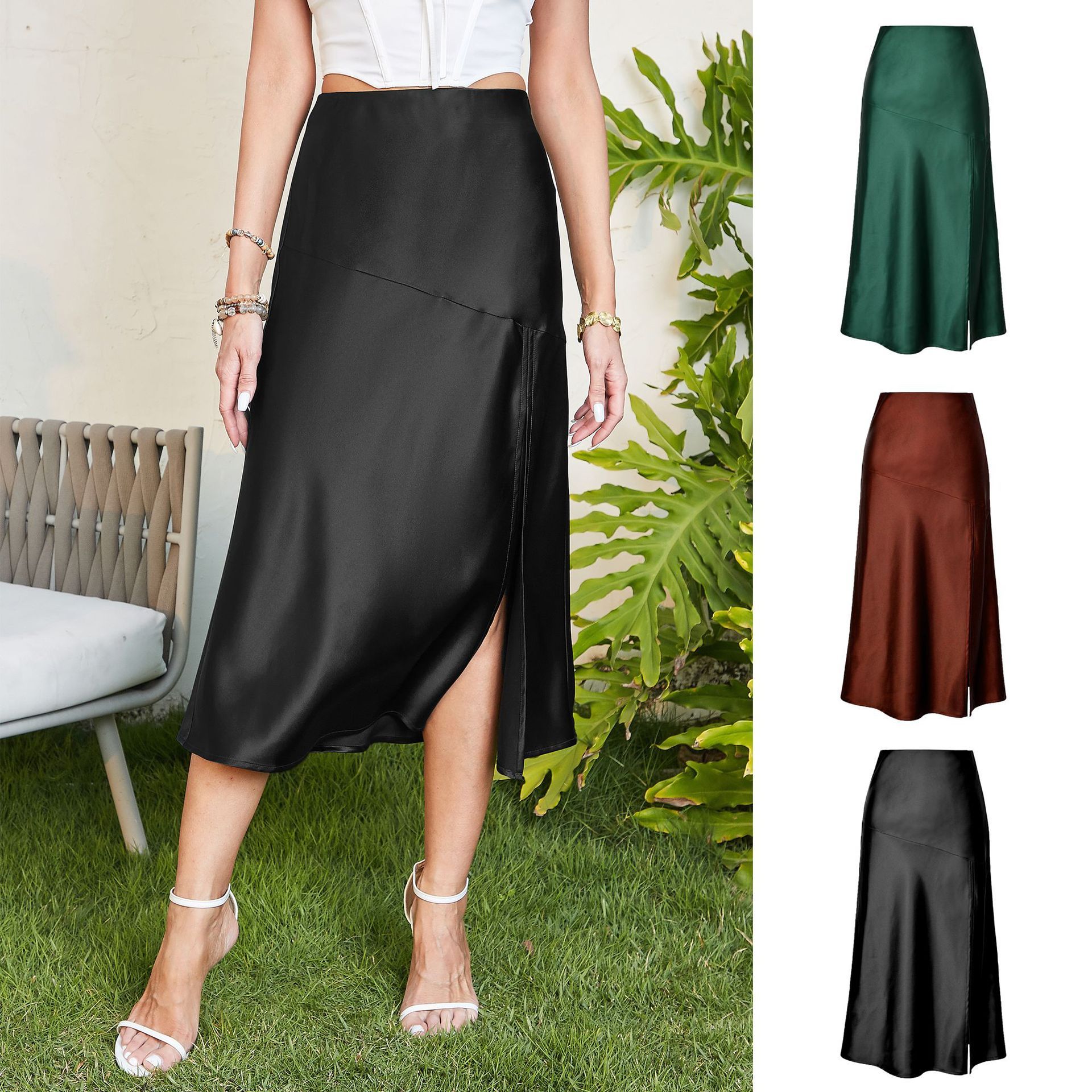 2024 High Waist Glossy Satin Half Skirt, High end Silk Smooth Solid Color Split Skirt, Fashionable Big Swing Skirt for Women, Slim Fit Medium length Skirt, Soft and Comfortable, Versatile in Style