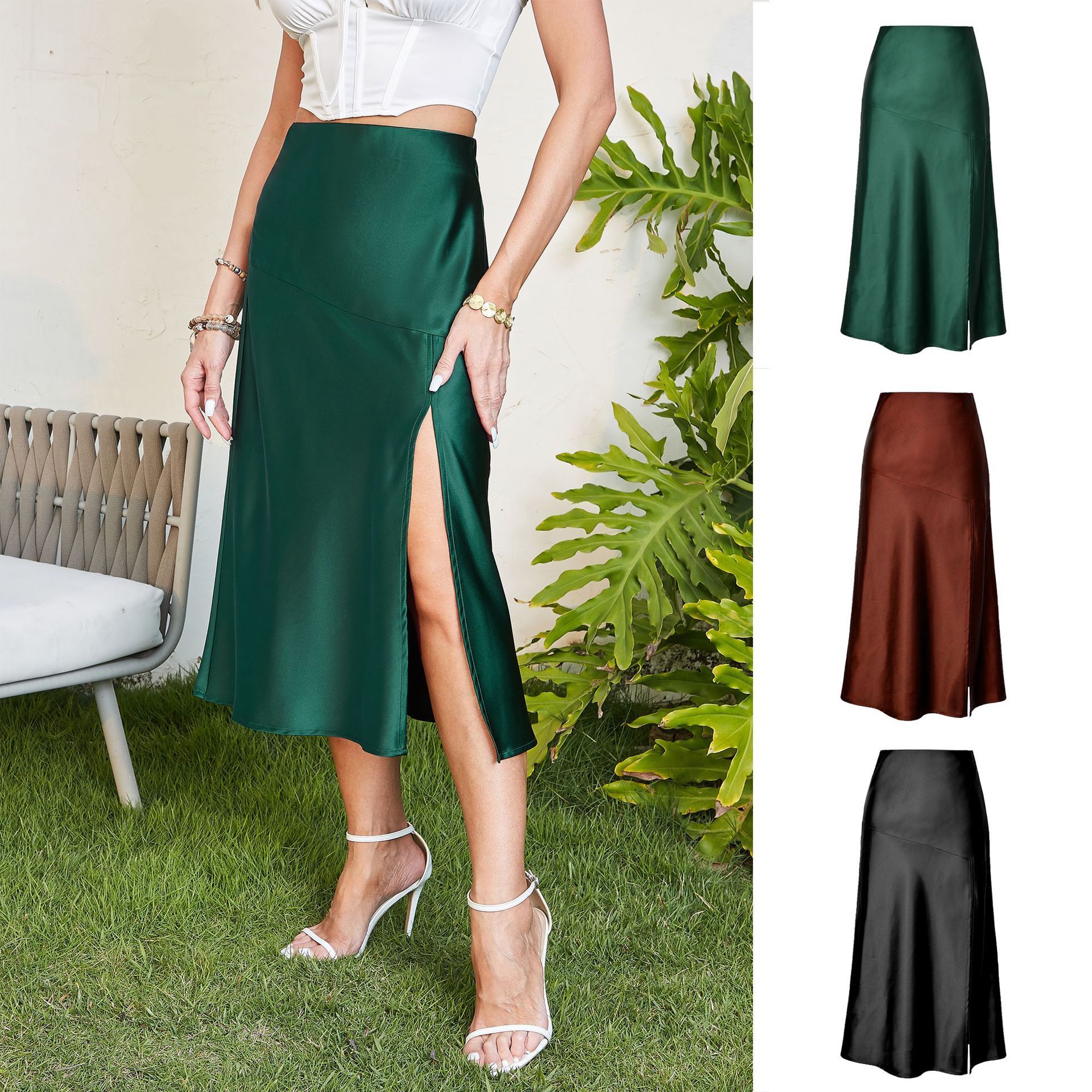 2024 High Waist Glossy Satin Half Skirt, High end Silk Smooth Solid Color Split Skirt, Fashionable Big Swing Skirt for Women, Slim Fit Medium length Skirt, Soft and Comfortable, Versatile in Style