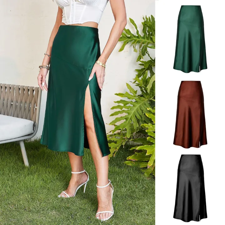 2024 High Waist Glossy Satin Half Skirt, High end Silk Smooth Solid Color Split Skirt, Fashionable Big Swing Skirt for Women, Slim Fit Medium length Skirt, Soft and Comfortable, Versatile in Style