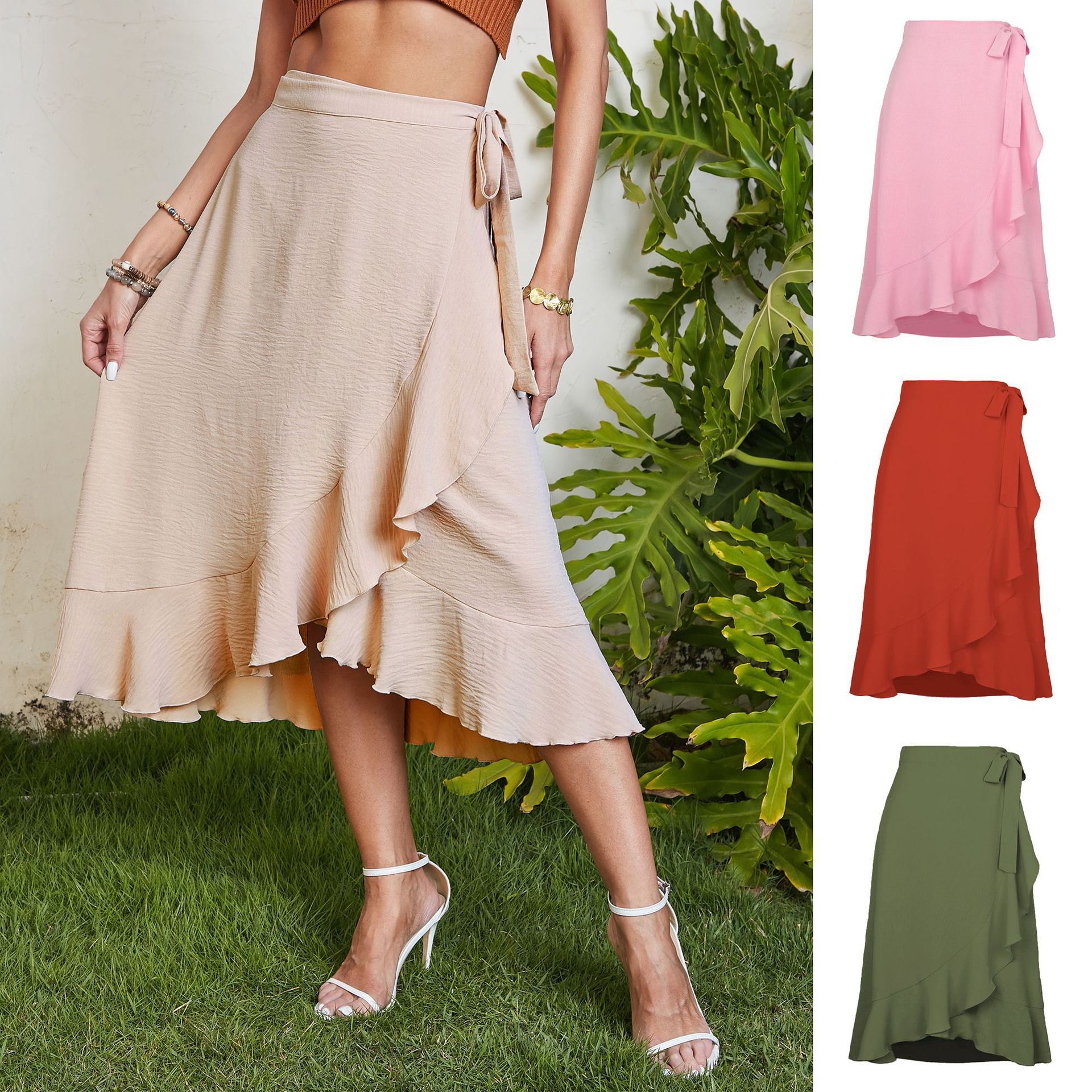 2024 Amazon summer best, one-piece lace up long skirt irregular European and American solid color skirt, belt lace wrap buttocks fishtail high waist women's dress, fashionable slim,Tiktok - best