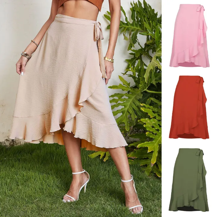 2024 Amazon summer best, one-piece lace up long skirt irregular European and American solid color skirt, belt lace wrap buttocks fishtail high waist women's dress, fashionable slim,Tiktok - best
