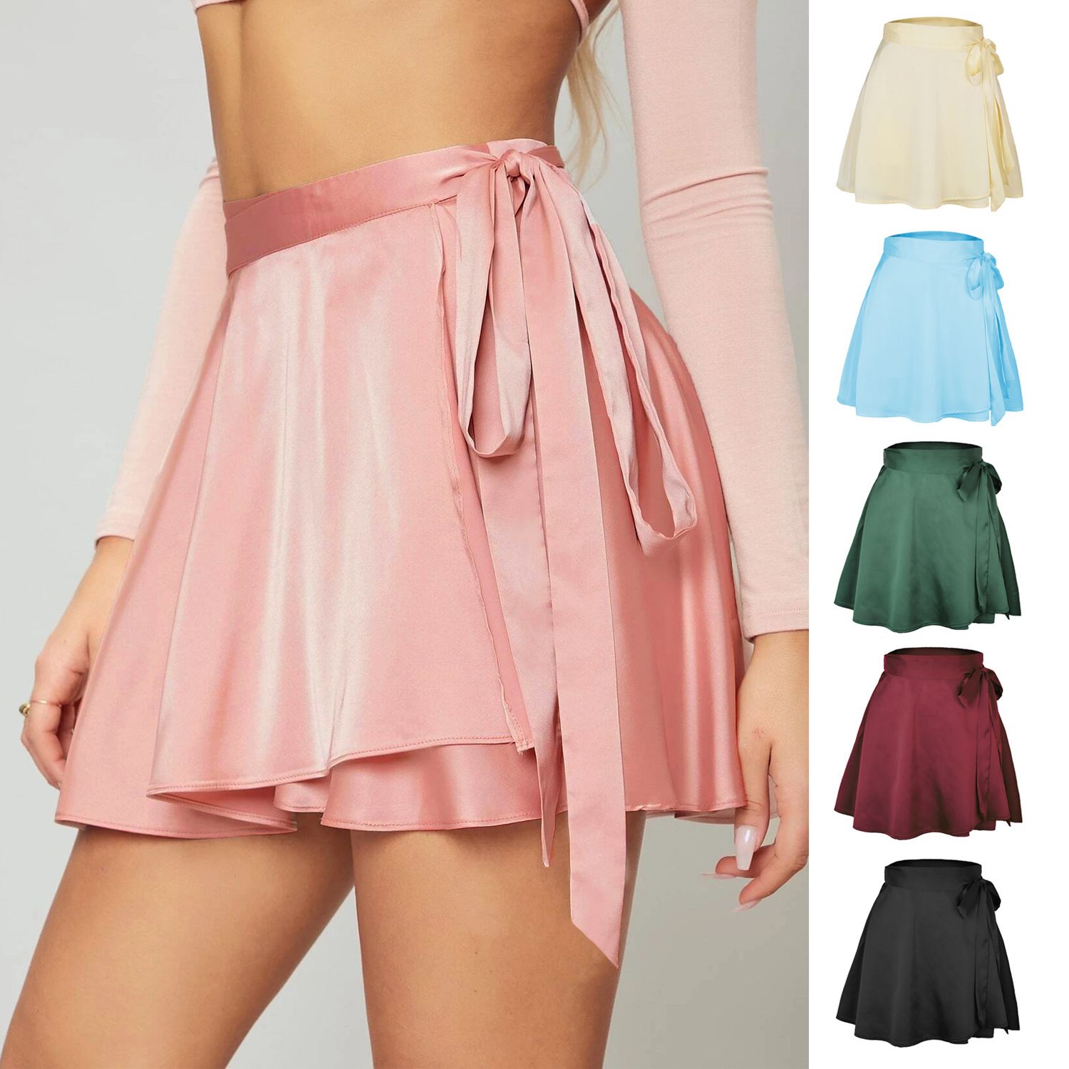 2024 summer new solid color skirt, high waist fashion one-piece lace up skirt,chiffon satin wrap skirt, soft skin friendly ballet skirt,slim and versatile skirt,simple foreign style, Tiktok - popular