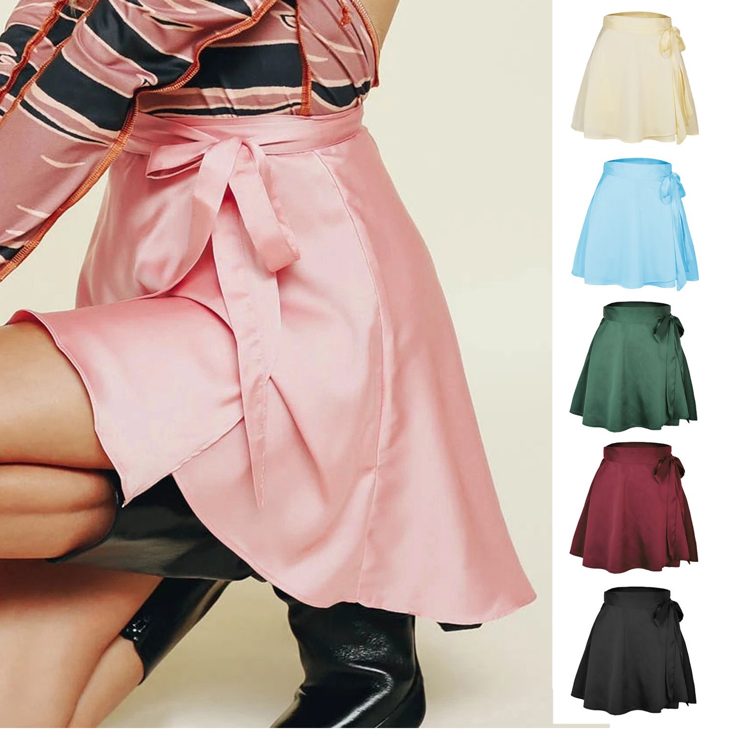 2024 summer new solid color skirt, high waist fashion one-piece lace up skirt,chiffon satin wrap skirt, soft skin friendly ballet skirt,slim and versatile skirt,simple foreign style, Tiktok - popular