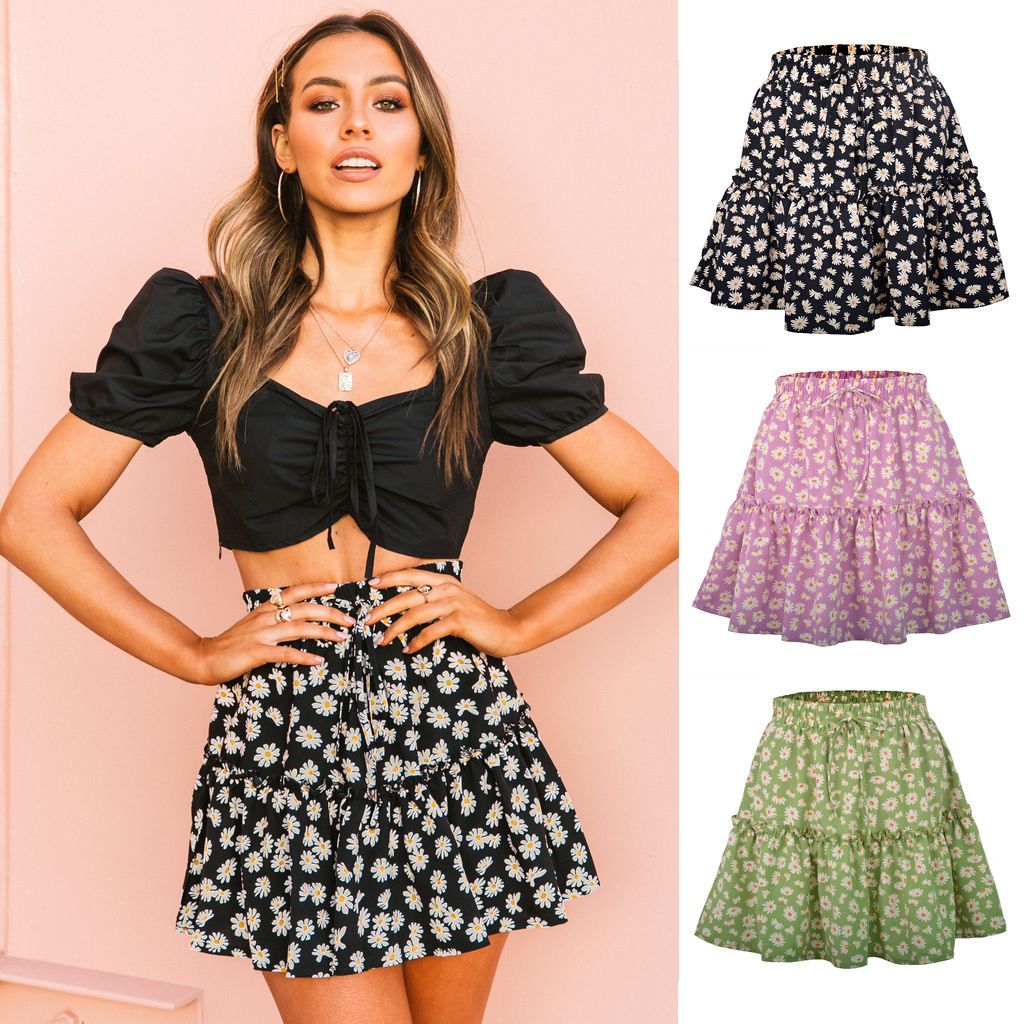 2024Europe and America's new short skirt, women's floral skirt, net red daisy print wrinkled skirt for women, summer popular A-line skirt, slim and versatile, soft and skin friendly, Tiktok - popular