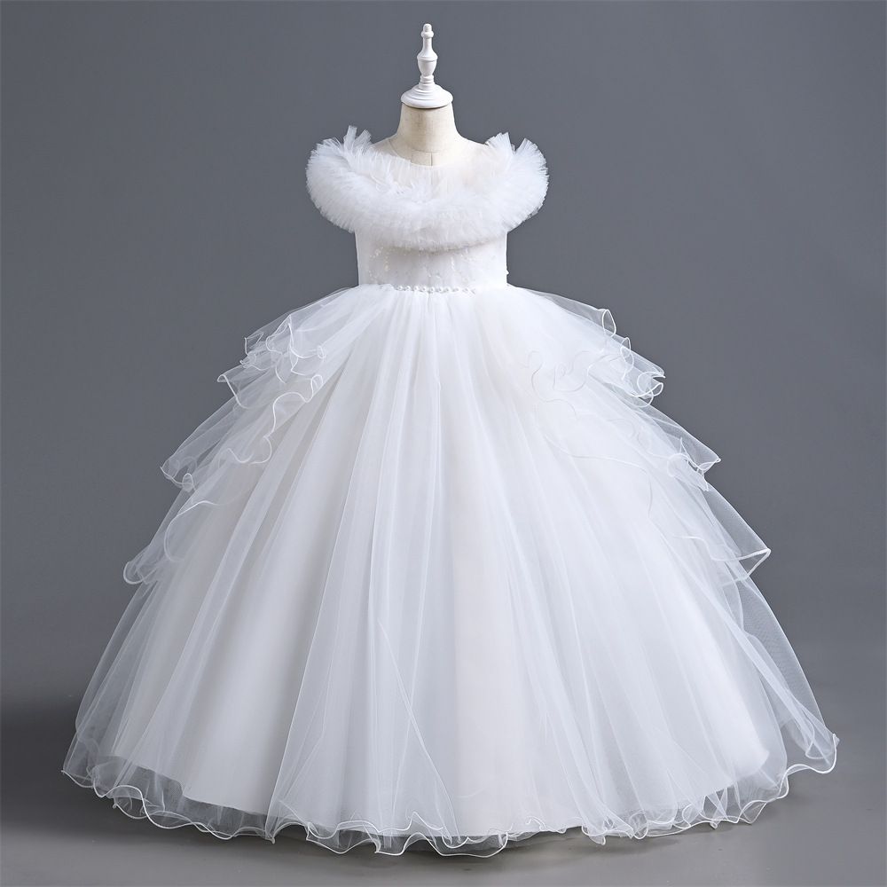 New girls' dress princess dress, stylish piano performance dress, baby mesh puffy dress, children's gauze dress children, round neck waistband A-line dress, high-end western-style, fashionable trend