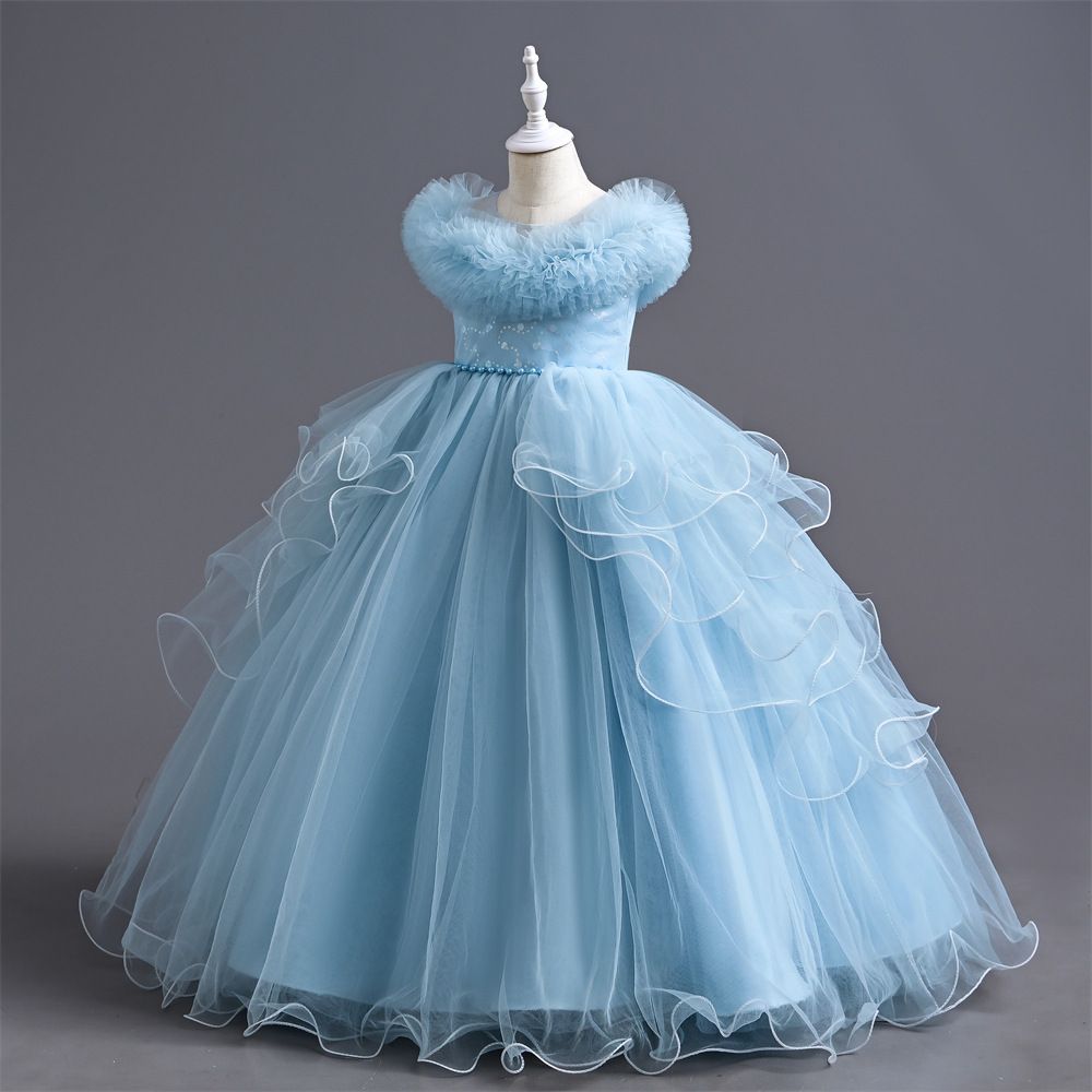 New girls' dress princess dress, stylish piano performance dress, baby mesh puffy dress, children's gauze dress children, round neck waistband A-line dress, high-end western-style, fashionable trend