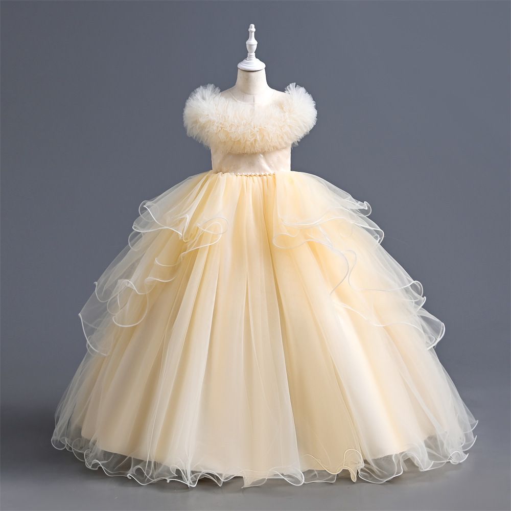 New girls' dress princess dress, stylish piano performance dress, baby mesh puffy dress, children's gauze dress children, round neck waistband A-line dress, high-end western-style, fashionable trend