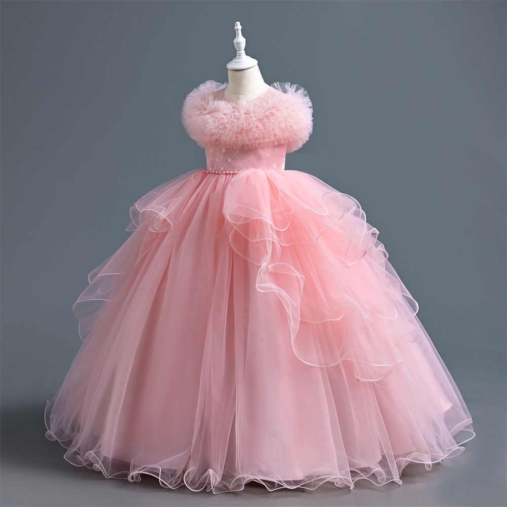 New girls' dress princess dress, stylish piano performance dress, baby mesh puffy dress, children's gauze dress children, round neck waistband A-line dress, high-end western-style, fashionable trend
