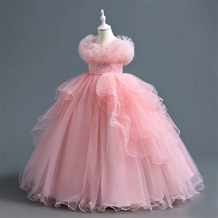 New girls' dress princess dress, stylish piano performance dress, baby mesh puffy dress, children's gauze dress children, round neck waistband A-line dress, high-end western-style, fashionable trend