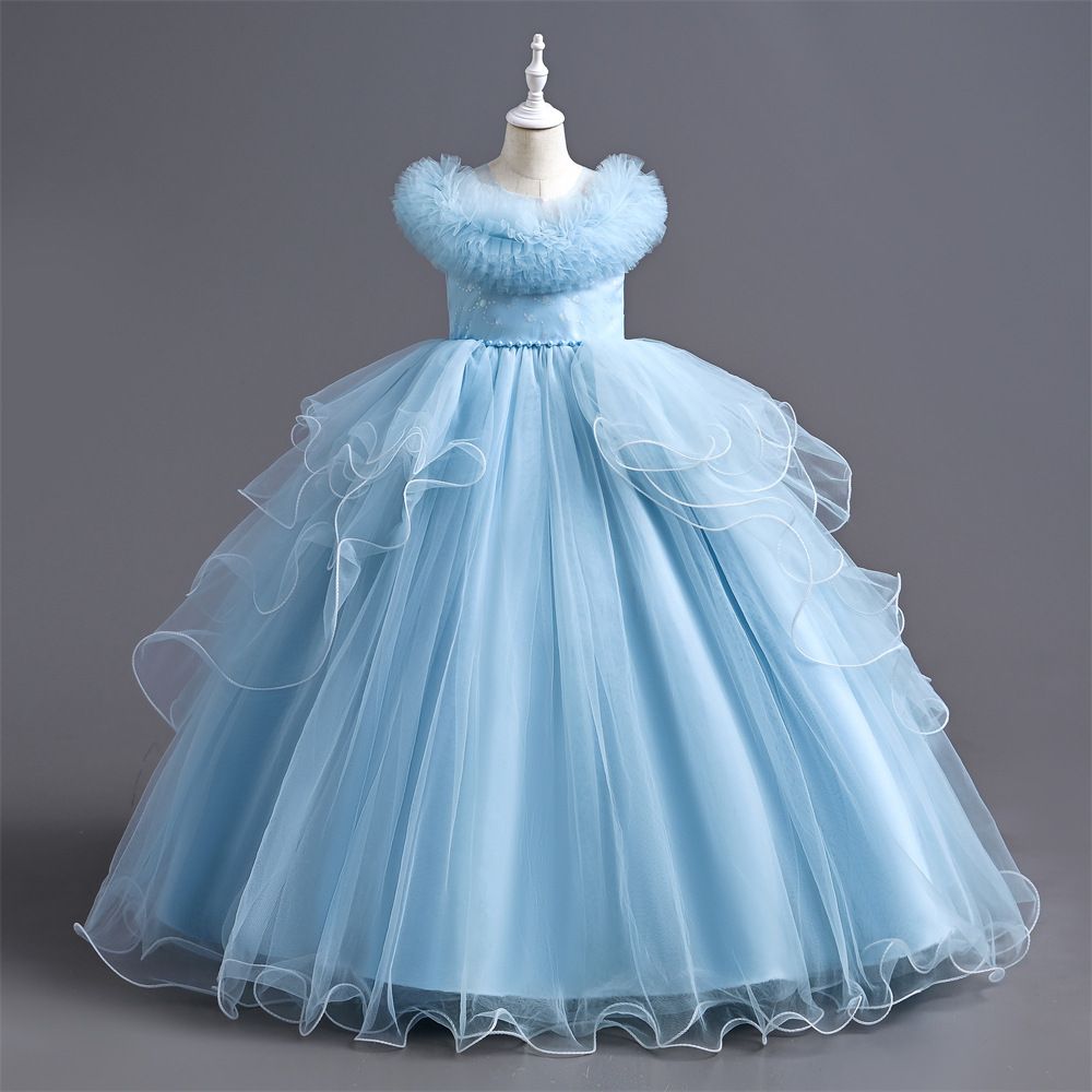 New girls' dress princess dress, stylish piano performance dress, baby mesh puffy dress, children's gauze dress children, round neck waistband A-line dress, high-end western-style, fashionable trend