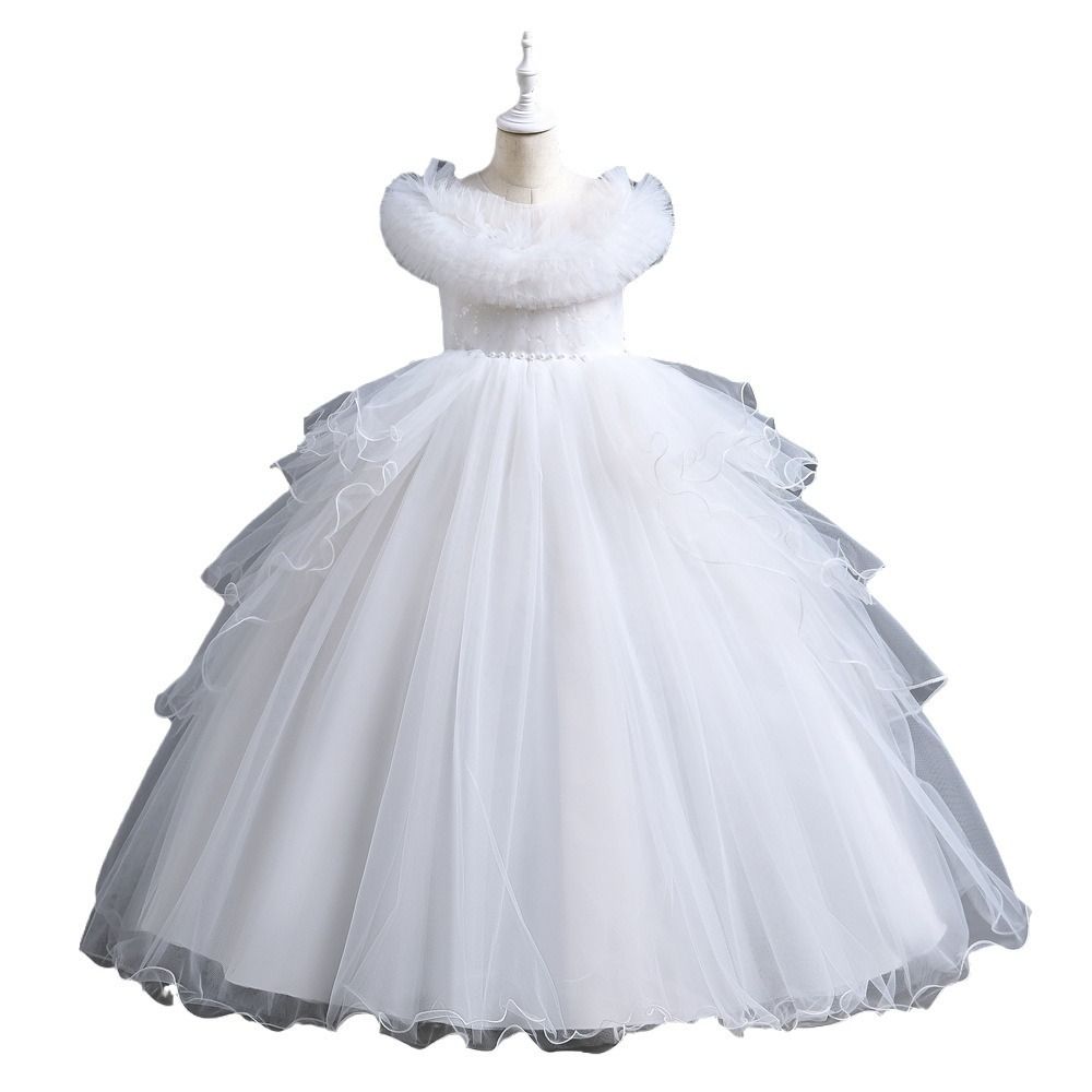 New girls' dress princess dress, stylish piano performance dress, baby mesh puffy dress, children's gauze dress children, round neck waistband A-line dress, high-end western-style, fashionable trend