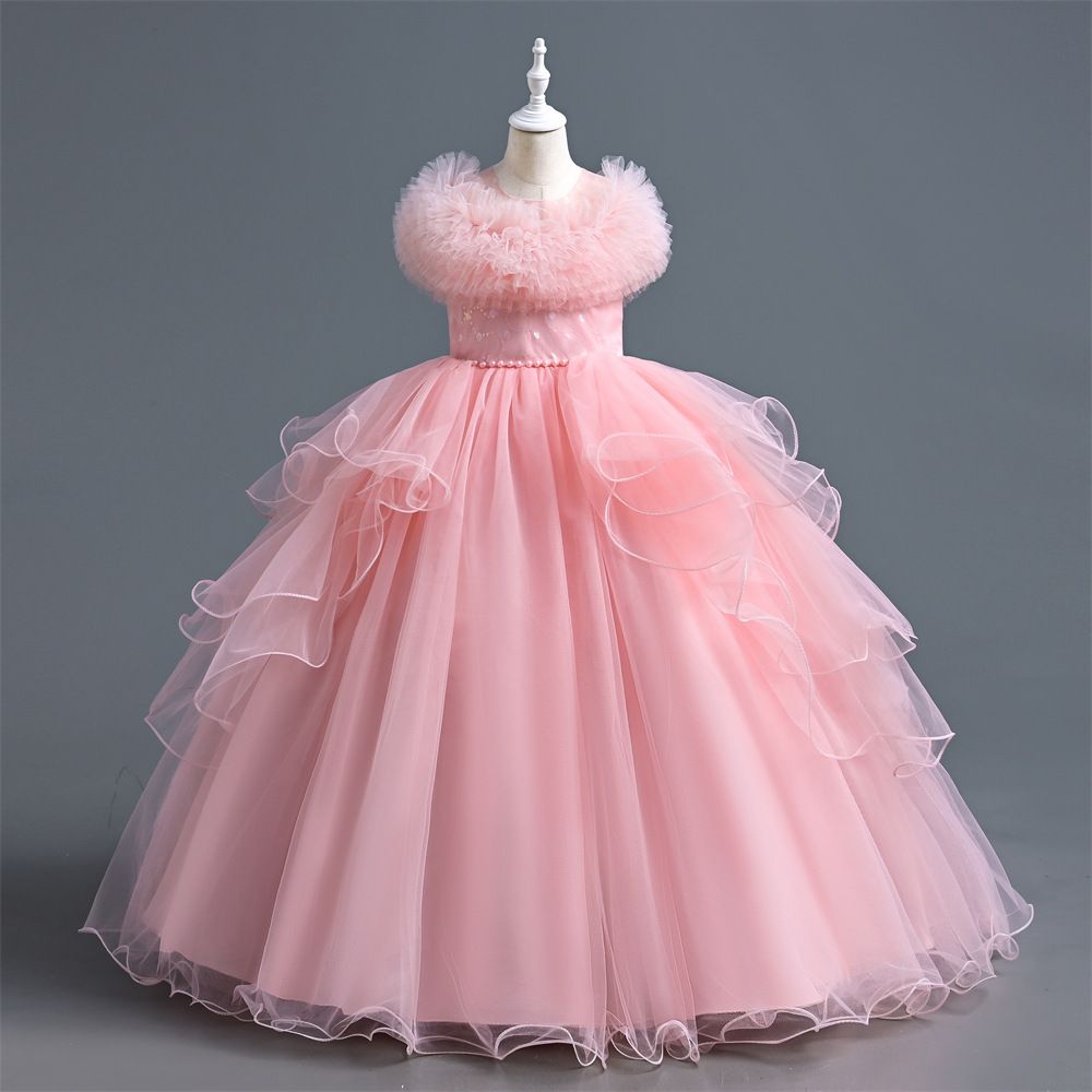 New girls' dress princess dress, stylish piano performance dress, baby mesh puffy dress, children's gauze dress children, round neck waistband A-line dress, high-end western-style, fashionable trend