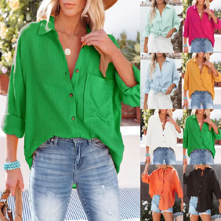 European and American popular shirts,2024 autumn new women's clothing,fashionable lapel pocket candy colored shirt top,casual versatile,single breasted off shoulder bat shirt,soft and comfortable