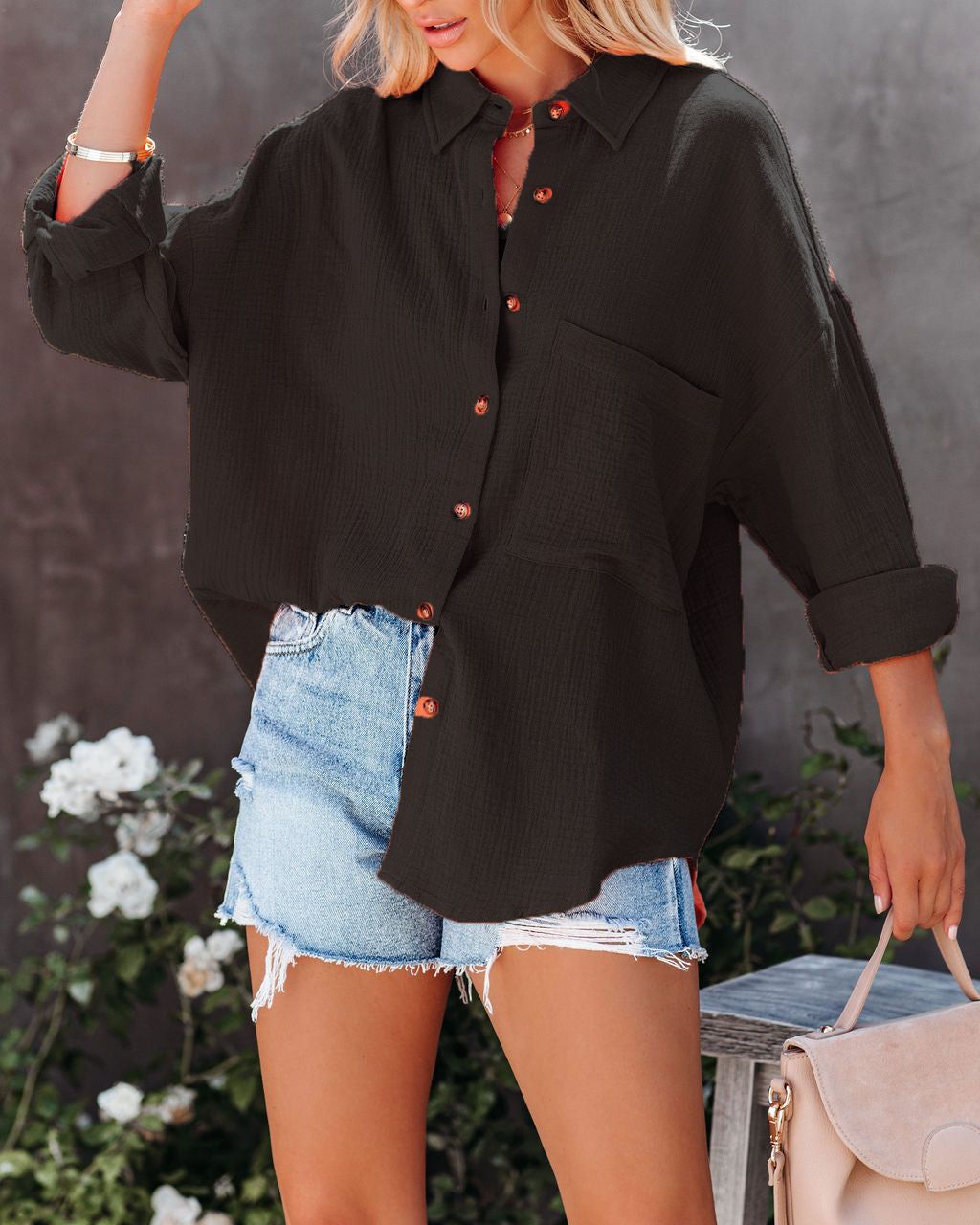European and American popular shirts,2024 autumn new women's clothing,fashionable lapel pocket candy colored shirt top,casual versatile,single breasted off shoulder bat shirt,soft and comfortable