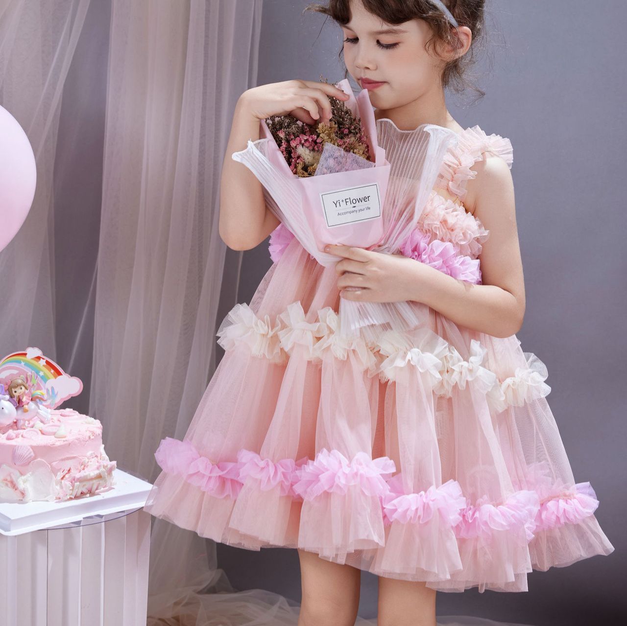 New girls' dress dress, birthday princess dress rainbow pink suspender gauze dress, high-end women's treasure western-style lace dress, pink fluffy dress, popular gauze dress, skin friendly and soft