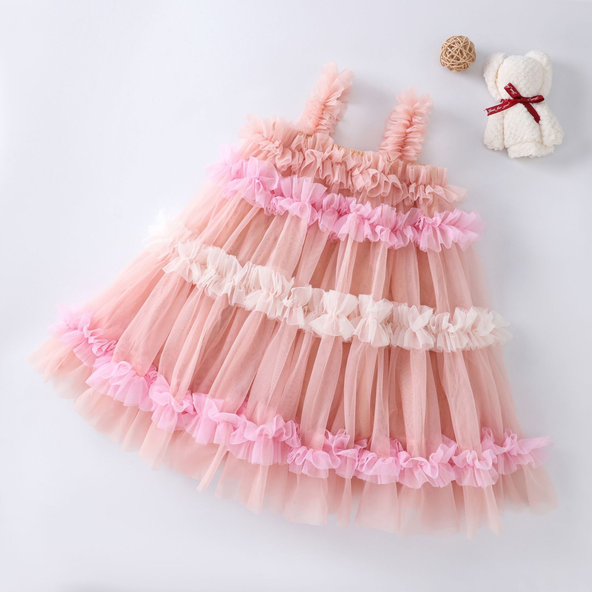 New girls' dress dress, birthday princess dress rainbow pink suspender gauze dress, high-end women's treasure western-style lace dress, pink fluffy dress, popular gauze dress, skin friendly and soft