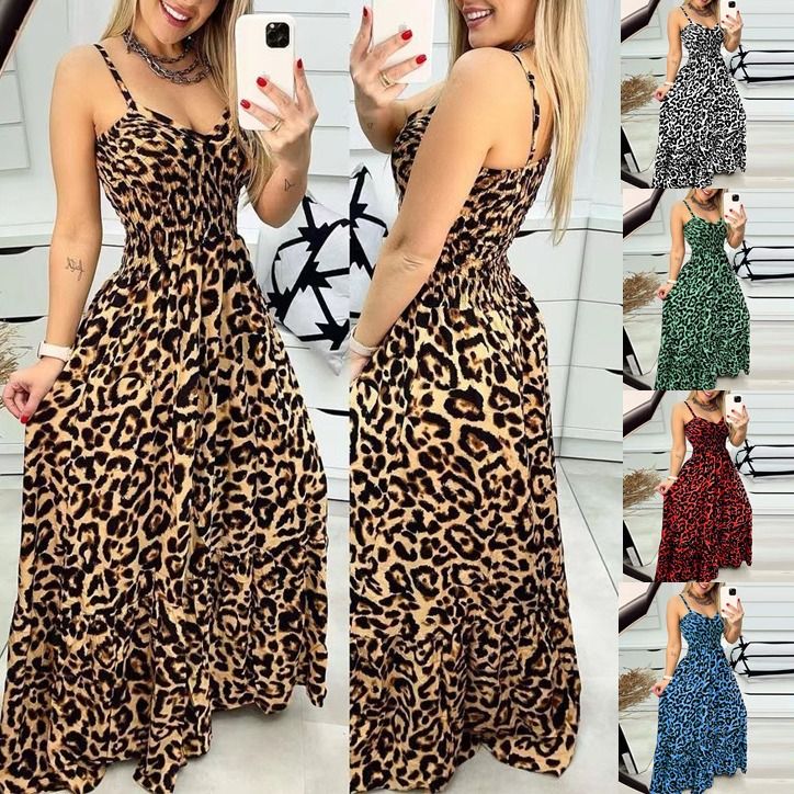2024 European and American summer new long dress,fashionable backless dress,high waist plus size slim fit leopard print long dress for women,V-neck waistband A-line skirt, camisole large swing skirt