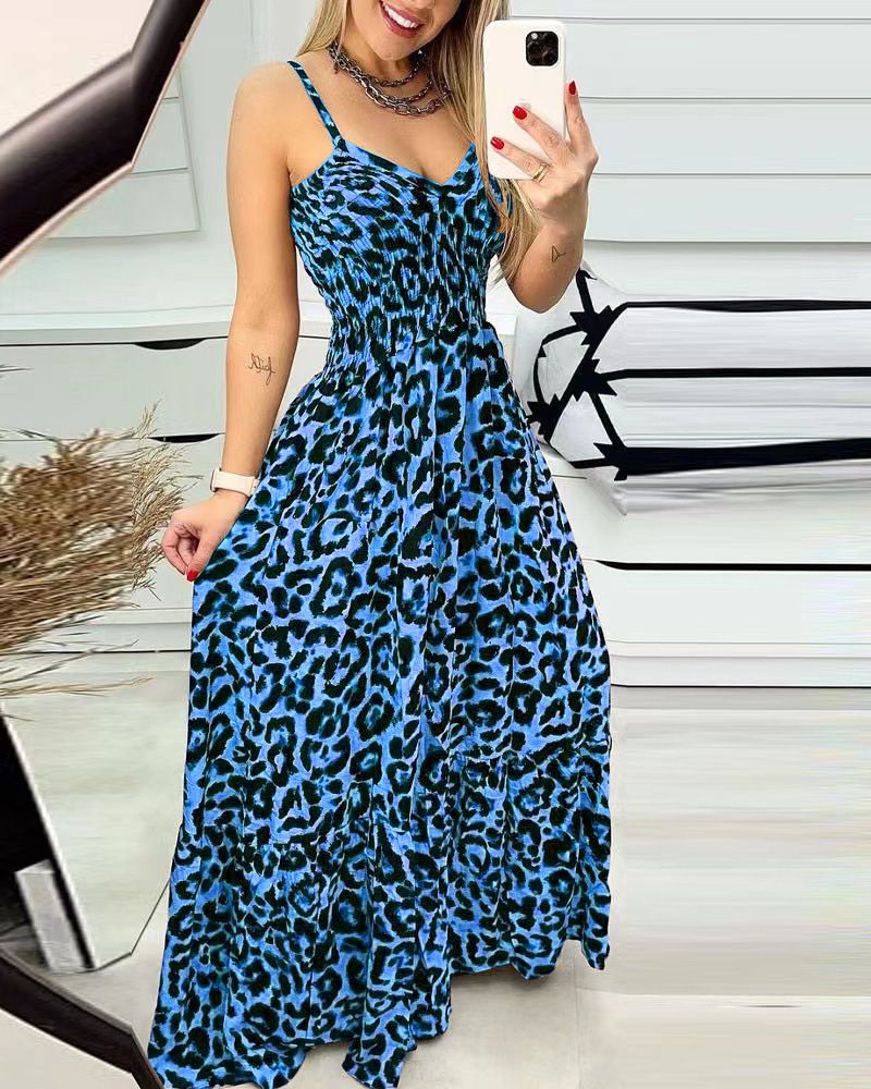 2024 European and American summer new long dress,fashionable backless dress,high waist plus size slim fit leopard print long dress for women,V-neck waistband A-line skirt, camisole large swing skirt