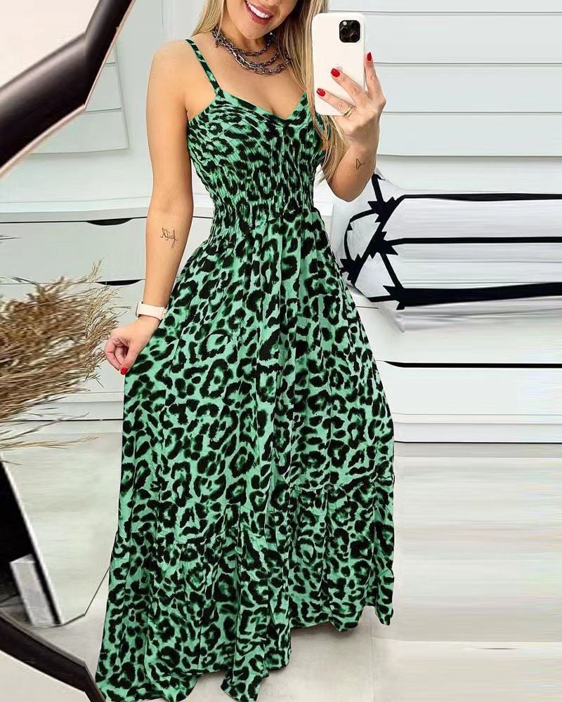 2024 European and American summer new long dress,fashionable backless dress,high waist plus size slim fit leopard print long dress for women,V-neck waistband A-line skirt, camisole large swing skirt