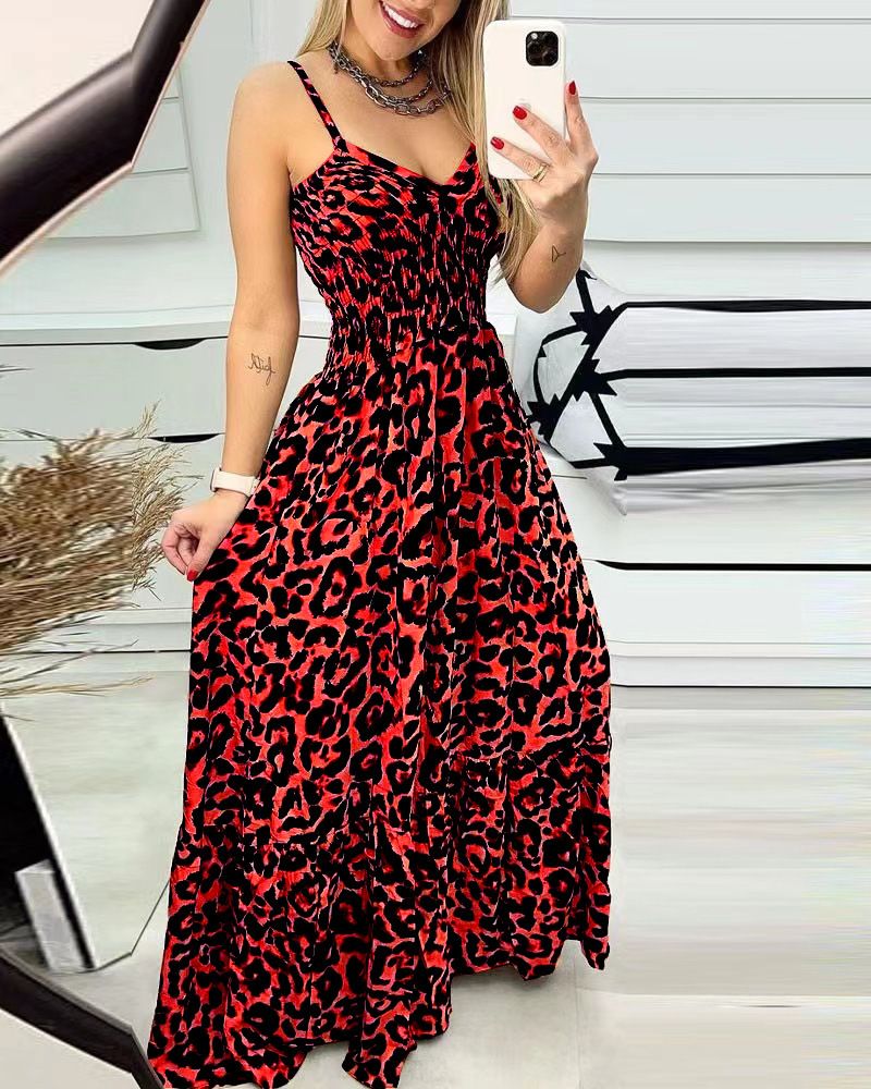 2024 European and American summer new long dress,fashionable backless dress,high waist plus size slim fit leopard print long dress for women,V-neck waistband A-line skirt, camisole large swing skirt