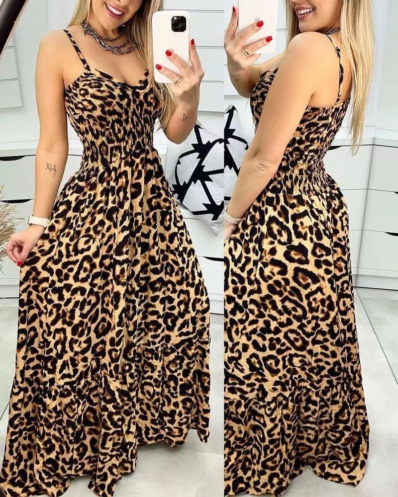 2024 European and American summer new long dress,fashionable backless dress,high waist plus size slim fit leopard print long dress for women,V-neck waistband A-line skirt, camisole large swing skirt