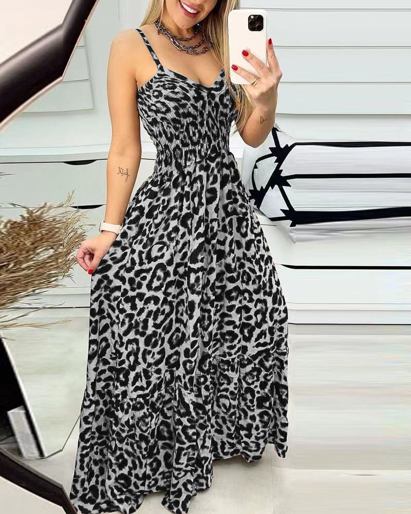2024 European and American summer new long dress,fashionable backless dress,high waist plus size slim fit leopard print long dress for women,V-neck waistband A-line skirt, camisole large swing skirt