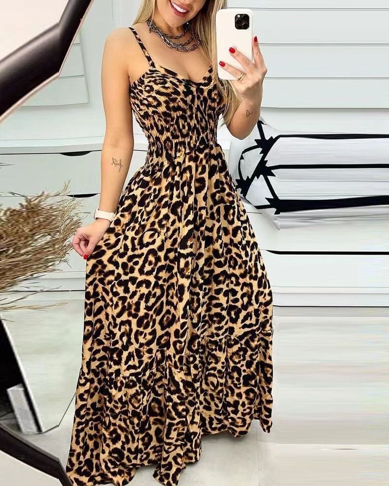 2024 European and American summer new long dress,fashionable backless dress,high waist plus size slim fit leopard print long dress for women,V-neck waistband A-line skirt, camisole large swing skirt