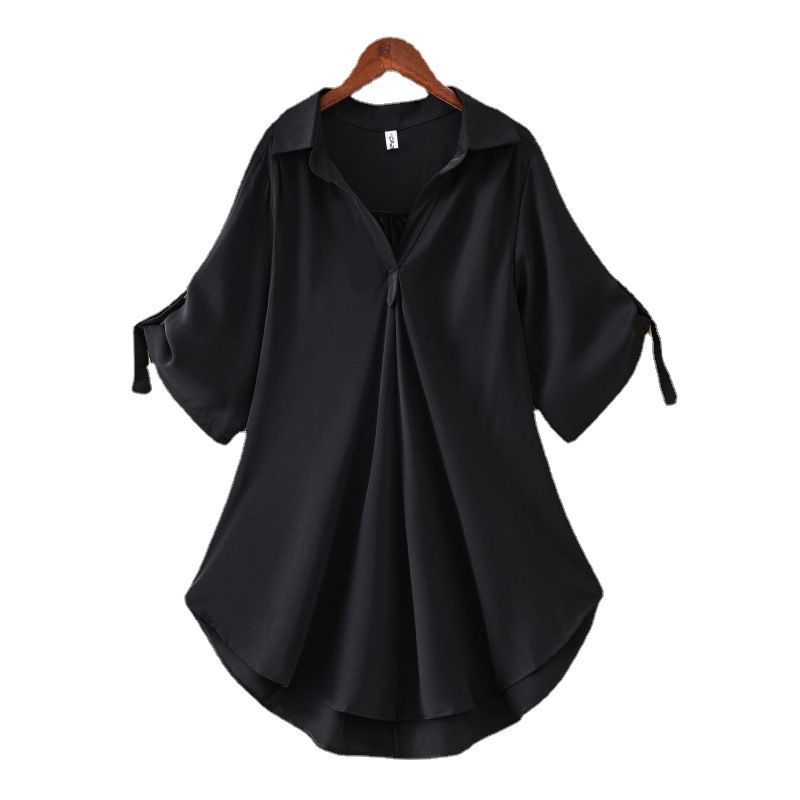 Medium to long short sleeved chiffon shirt for women, 2024 summer new plus size loose waist chiffon top for women's fashion, V-neck mid sleeved T-shirt, fashionable and casual, slim fit and stylish