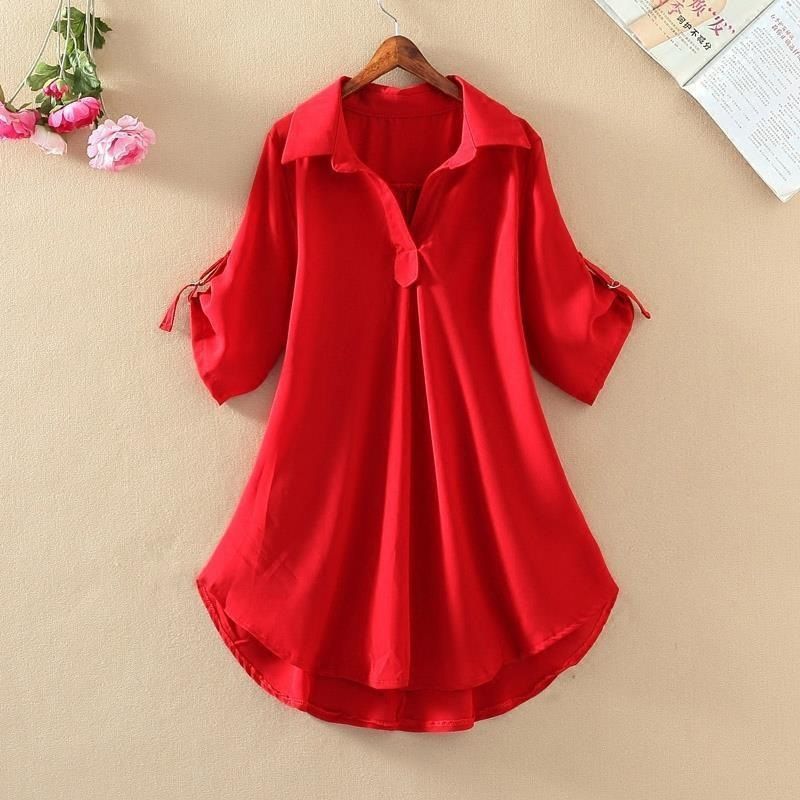 Medium to long short sleeved chiffon shirt for women, 2024 summer new plus size loose waist chiffon top for women's fashion, V-neck mid sleeved T-shirt, fashionable and casual, slim fit and stylish