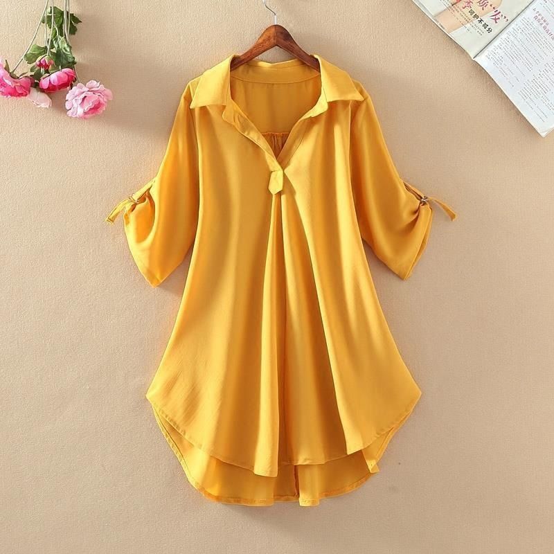 Medium to long short sleeved chiffon shirt for women, 2024 summer new plus size loose waist chiffon top for women's fashion, V-neck mid sleeved T-shirt, fashionable and casual, slim fit and stylish