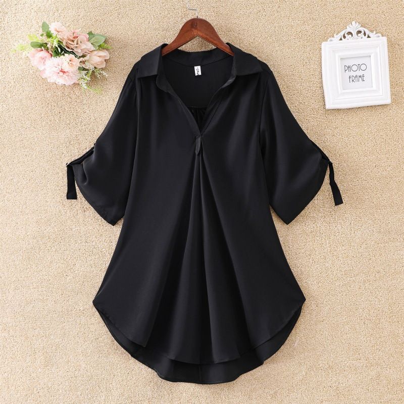 Medium to long short sleeved chiffon shirt for women, 2024 summer new plus size loose waist chiffon top for women's fashion, V-neck mid sleeved T-shirt, fashionable and casual, slim fit and stylish