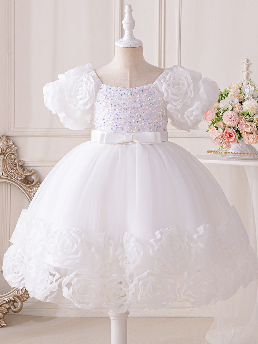 Popular girls' dresses,princess dresses,children's gauze dresses,flower bud host piano performance costumes,children's clothing, personalized short sleeves,waist cinching A-line skirts, fluffy skirts