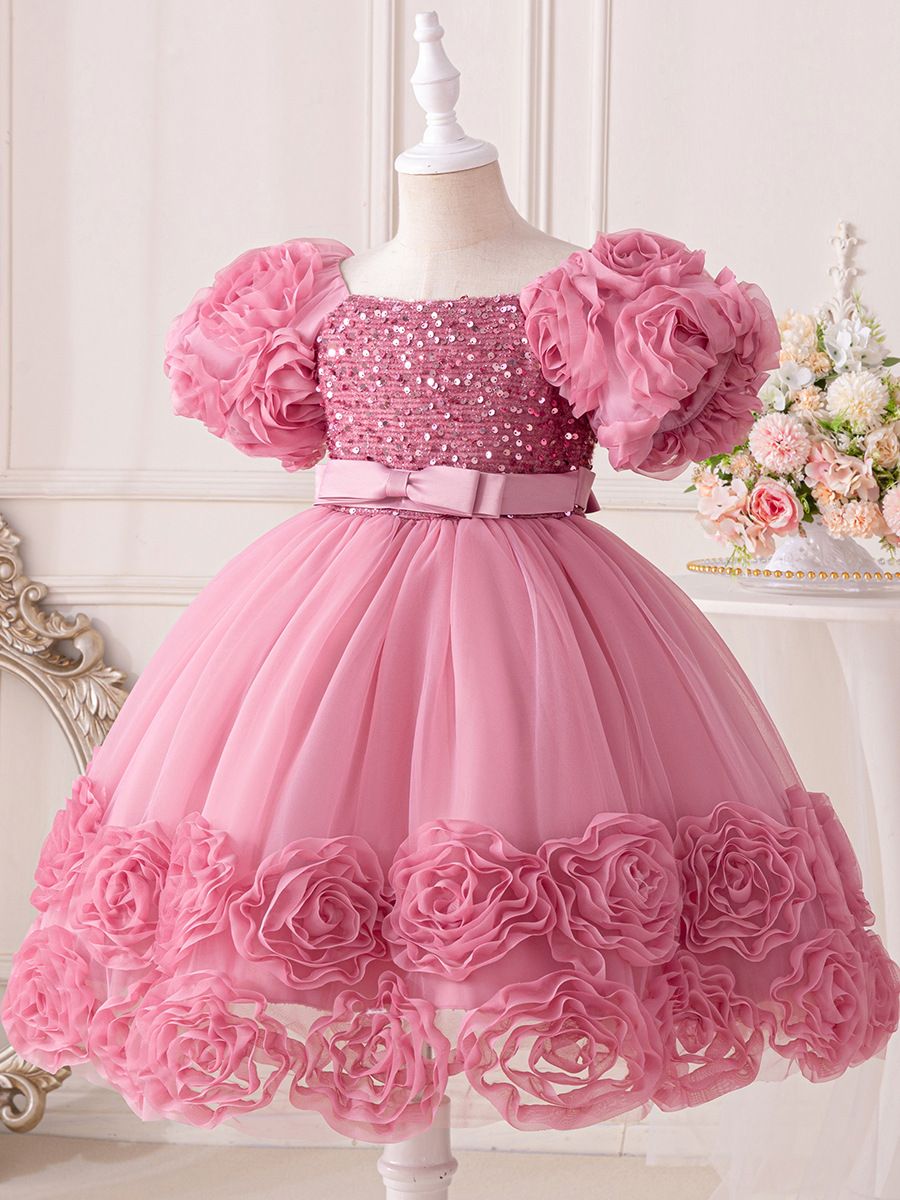 Popular girls' dresses,princess dresses,children's gauze dresses,flower bud host piano performance costumes,children's clothing, personalized short sleeves,waist cinching A-line skirts, fluffy skirts
